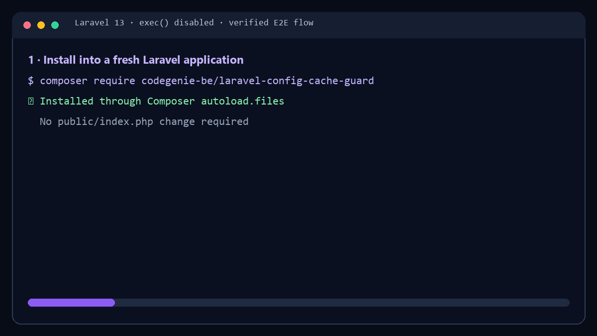 Animated terminal transcript showing stale Laravel cache rejected and rebuilt after the response
